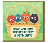 Berry Best Birthday Card - Cute Pun with Berries in a Basket - Strawberry Party Hat - Fun Fruit Illustration for Kids, Friends or Family