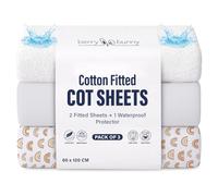 Berry & Bunny 3 Pack Cot Bed Sheets 120 x 60 cm - 100% Cotton 2 Fitted Sheets & 1 Waterproof Mattress Protector Cover - Soft Breathable Cot Sheets for Baby Mattress- White Rainbow