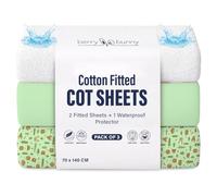 Berry & Bunny 3 Pack Cot Bed Sheets 140 x 70 cm - 100% Cotton 2 Fitted Sheets & 1 Waterproof Mattress Protector Cover - Soft Breathable Cot Sheets for Baby Mattress - Green Forest