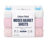 Berry & Bunny 3 Pack Moses Basket Sheets 35 x 75 cm - 100% Cotton 2 Fitted Sheets & 1 Waterproof Mattress Protector Cover - Soft Breathable Baby Fitted Sheet for Baby Mattress - Pink Flower