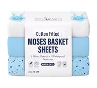 Berry & Bunny 3 Pack Moses Basket Sheets 35 x 75 cm - 100% Cotton 2 Fitted Sheets & 1 Waterproof Mattress Protector Cover - Soft Breathable Baby Fitted Sheet for Baby Mattress - Blue Galaxy