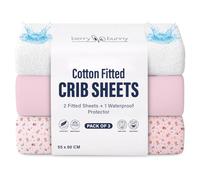 Berry & Bunny 3 Pack Next to Me Crib Sheets 55 x 90 cm - 100% Cotton 2 Fitted Sheets & 1 Waterproof Mattress Protector - Soft Breathable Bedside Crib Sheet Covers for Baby Mattress - Pink Flower
