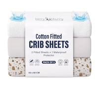 Berry & Bunny 3 Pack Next to Me Crib Sheets 55 x 90 cm - 100% Cotton 2 Fitted Sheets & 1 Waterproof Mattress Protector - Soft Breathable Bedside Crib Sheet Covers for Baby Mattress - Gray Animal