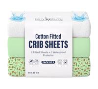 Berry & Bunny 3 Pack Next to Me Crib Sheets 55 x 90 cm - 100% Cotton 2 Fitted Sheets & 1 Waterproof Mattress Protector - Soft Breathable Bedside Crib Sheet Covers for Baby Mattress - Green Forest