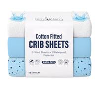 Berry & Bunny 3 Pack Next to Me Crib Sheets 55 x 90 cm - 100% Cotton 2 Fitted Sheets & 1 Waterproof Mattress Protector - Soft Breathable Bedside Crib Sheet Covers for Baby Mattress - Blue Galaxy