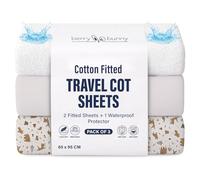 Berry & Bunny 3 Pack Travel Cot Sheets 95 x 65 cm - 100% Cotton 2 Fitted Sheets & 1 Waterproof Mattress Protector Cover - Soft Breathable Bedside Baby Cot Sheets for Baby Mattress - Gray Animal