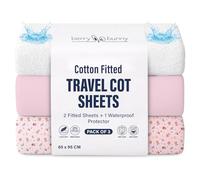 Berry & Bunny 3 Pack Travel Cot Sheets 95 x 65 cm - 100% Cotton 2 Fitted Sheets & 1 Waterproof Mattress Protector Cover - Soft Breathable Bedside Baby Cot Sheets for Baby Mattress - Pink Flower