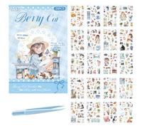 Berry Cat Series Sticker Book with Tweezer, 20Sheets Pre-Cut PET Stickers for Scrapbooking Junk Journal Bullet Vintage Ephemera Decorative Supplies Japanese Vintage Manga Style Stickers