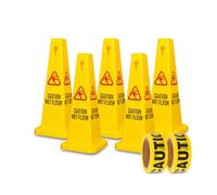 Berry Caution Wet Floor Sign Cone with 50 Meter Caution Warning Tape - 67 CM Highly Visible Yellow Wet Floor Safety Sign 4 Sided View for School, Hotels, Malls, Restaurants (Yellow, Set of 5)
