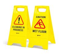 Berry Caution Wet Floor Sign Yellow | Cleaning in Progress Floor Sign Type A Foldable | 2 in 1 Double-Sided Free Standing Slippery Warning Sign for Shops, Hotels, Restaurants & Malls - Set of 2
