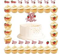 Berry First Birthday - 25PCS Strawberry Cake Decorations with 1 Large and 24 Small Cakes Topper, Strawberry Party Decorations, Glitter 1st Birthday Cake Topper with "Sweet One" and "Berry Cute" Design