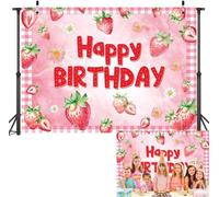 Berry First Birthday Backdrop Banner 7x5ft Strawberry 1st Birthday Photography Background Strawberry Shortcake Sweet One Berry Party Decoration Photo Booth Studio Props (Pink, 8x6FT(94 x 70 inch))