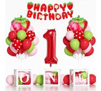 Berry First Birthday Decorations, 40 Inch Number 1 Strawberry Foil Balloons, HAPPY BIRTHDAY Banner, Red Pink Green Balloons, One Balloon Boxes for Strawberry 1st Birthday Decorations