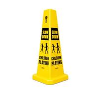 Berry Kids at Play Safety Sign Cone | 67CM Yellow Slow Down Children Playing Cone | 4-Sided Safety Warning Cone with Chain Socket & Sign Board Mount for Neighbourhoods, Schools & Playgrounds