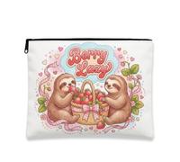 Berry Lazy Makeup Bag, Cute Sloth Cosmetic Travel Pouch for Women, Portable Canvas Zipper Organizer, Spring Skincare Toiletry Bag, White, 7x9 Inch, Strawberry