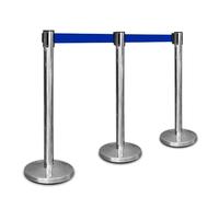Berry Stanchion Post with 3 Meter Blue Retractable Belt | Stainless Steel Crowd Control Barrier | Safety Queue Barrier for Crowd Management in Events, Retail, Exhibitions, Business Spaces - 3 Posts