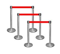 Berry Stanchion Post with 3M Red Retractable Belt | Stainless Steel Crowd Control Barrier | Queue Barrier for Events, Shops, Exhibitions | 4-Way Connectable Belt Barrier - 6 Posts