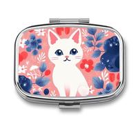 Berry Style and Cat Pill Box 2 Compartment, Portable Pill Case with Mirror for Pocket Purse Travel, Mini Metal Medicine Organizer for Vitamins Fish Oil