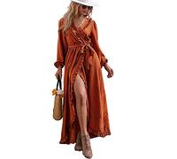 BerryGo Women's Boho V Neck Ruffle Floral Wrap Maxi Dress, L Long Sleeve Ruffle Brick Red(faux Wrap), 8-10