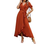 BerryGo Women's Boho V Neck Ruffle Floral Wrap Maxi Dress, L-short Sleeve Ruffle Brick Red(faux Wrap), 8-10