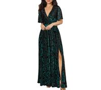 BerryGo Women's Boho V Neck Ruffle Floral Wrap Maxi Dress, Y-velvet-floral Print-emerald Green(faux Wrap), 18