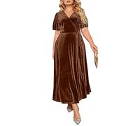 BerryGo Women's Plus Size Velvet Maxi Dress Formal Wedding Guest Long Dress V Neck High Waist Side Slit A Line Dress, Brown, 5XL