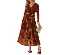 BerryGo Women's Velvet V Neck Wrap Semi Formal Dress Cocktail Party Maxi Dress for Wedding Guest, Y-velvet Long Sleeve Burnt Orange(faux Wrap), 8-10