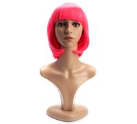 BERRYLION 12 Inch/30cm Bob Wig with Flat Bangs|Short Bob Wigs for Women|Glueless Wig for Costume Cosplay (Neon Pink)