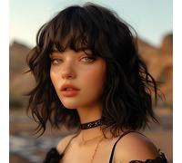 BERRYLION Wigs for Women|Short Bob Wig with Bangs|Synthetic Wavy Bob Wig With Air Bangs (Brown)