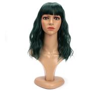 BERRYLION Wigs for Women|Short Bob Wig with Bangs|Synthetic Wavy Bob Wig With Air Bangs (Dark Green)