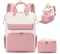 BERTASCHE Lunch Backpack, Women's Laptop Backpack 15.6 Inch with Insulated Cooler Bag, 2-in-1 Work Backpack for Women/Work/Business/Travel/Teacher/School/University, Pink / Beige, 39.62 cm