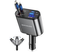 BERTHALESS Retractable Car Charger, 4 in 1 Fast Charging Car Charger with USB-C & USB-A, Compatible with iPhone 17/16/15/14/13/12/11,Galaxy,Pixel,Car Accessories Gifts for Fathers Day,Husband,Men,Dad