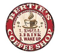 Bertie’S Coffee Shop Smell Drink Wake UP Mother's Day Father's Day Housewarming Gift Chic Tin Sign Rustic Shabby Vintage Style Retro Kitchen Bar Pub Coffee Shop Man cave Decor Gift Ideas