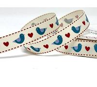 Bertie's Bows Blue Love Bird Print 16mm Ivory Grosgrain Ribbon on 3m Roll