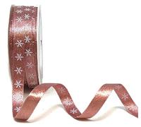 Bertie's Bows Christmas Rose Gold Sparkle Satin with White Snowflake 9mm Ribbon Ribbon on a 3m Length (N.B. This is a Cut from a roll Presented on a Card)