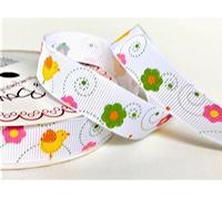 Bertie's Bows Easter Chicks & Flowers 16mm White Grosgrain Ribbon on a 3m Roll
