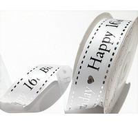 Bertie's Bows Happy 16th Birthday 25mm White Satin with Silver Print Ribbon on a 4m Length (N.B. This is a Cut from a roll)
