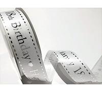 Bertie's Bows Happy 18th Birthday 25mm White Satin with Silver Print Ribbon on a 4m Length (N.B. This is a Cut from a roll)