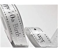 Bertie's Bows Happy 70th Birthday 25mm White Satin with Silver Print Ribbon on a 4m Length (N.B. This is a Cut from a roll)