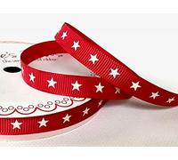 Bertie's Bows Ivory Star Print 9mm Red Grosgrain Ribbon on 3m Roll