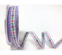 Bertie's Bows Lilac & Pink Embroidered Flowers on 12mm White Folk Ribbon with Lilac Lace Edge on a 2m Length (N.B. This is a Cut from a roll, Presented on a Ribbon Card)