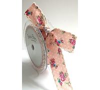 Bertie's Bows Pink Rose Print Scallop Edge 25mm Ribbon on a 10m Roll