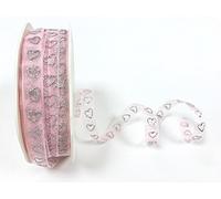 Bertie's Bows Pink Sheer with Silver Glitter Heart 9mm Ribbon on a 3m Length (cut from a roll, presented on a Bertie's Bows Ribbon Card)