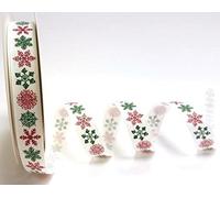 Bertie's Bows Red & Green Snowflakes 16mm Grosgrain Ribbon on a 25m Cardboard Roll
