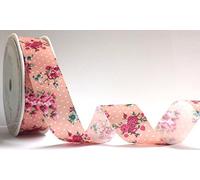 Bertie's Bows Vintage Pink Floral Polka Dot Print Ribbon with Cut Edge 25mm by The metre (NB This is Cut on The roll)