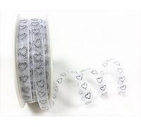 Bertie's Bows White Sheer with Silver Glitter Heart 9mm Ribbon on a 3m Length (Cut from a roll, Presented on a Bertie's Bows Ribbon Card)