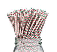 Berto Paper Straws 25pcs, Biodegradable Recyclable Drinking Straws for Wedding | Birthday Party Straws for Cocktail, Holiday, Coffee, Soda, Baby Shower Suppliers. (White with Green Red Chevron)