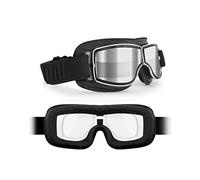 BERTONI Motorcycle Riding Goggles - Black Leather with Chromed Frame - Anticrash Ventilated Lens AF188 - Motorbike Helmets Goggles (Clear Silver Mirror Lens + Optical Lens Carrier)