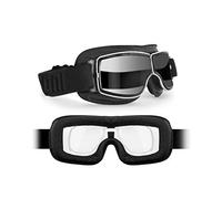 BERTONI Motorcycle Riding Goggles - Black Leather with Chromed Frame - Anticrash Ventilated Lens AF188 - Motorbike Helmets Goggles (Photochromic Lens + Optical Lens Carrier)
