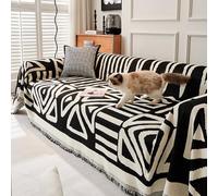 BERULL Geometry Line Chenille Sofa Cover Cloth Nordic Tassel Throw Blanket Full Four Season Soft Comfort Dust Scratch Protection Covers Sofa Blanket Carpet,Black,70.8 * 90.5in